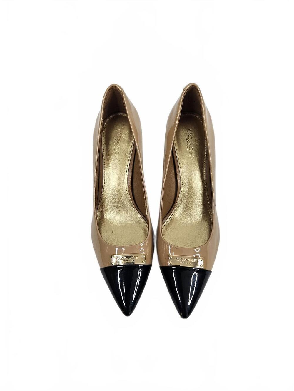 Coach Women's 7.5 B Tan Patent Leather with Black Cap Toe Pumps w/Gold Detailing